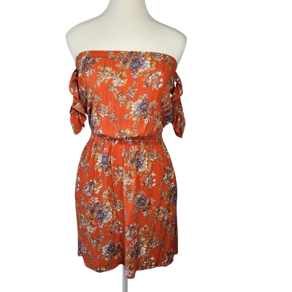 American Eagle Outfitters Orange Floral Mini Dress Off Shoulder XS Boho Pockets - Picture 5 of 14